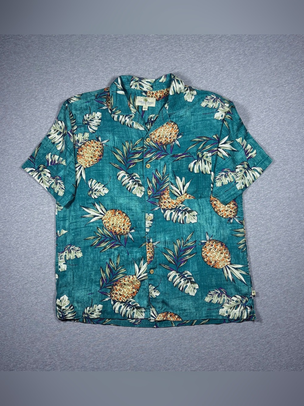 Mens Hawaiian Shirt Size Large Silk Teal Pineapple Monstera Plant Island Shores